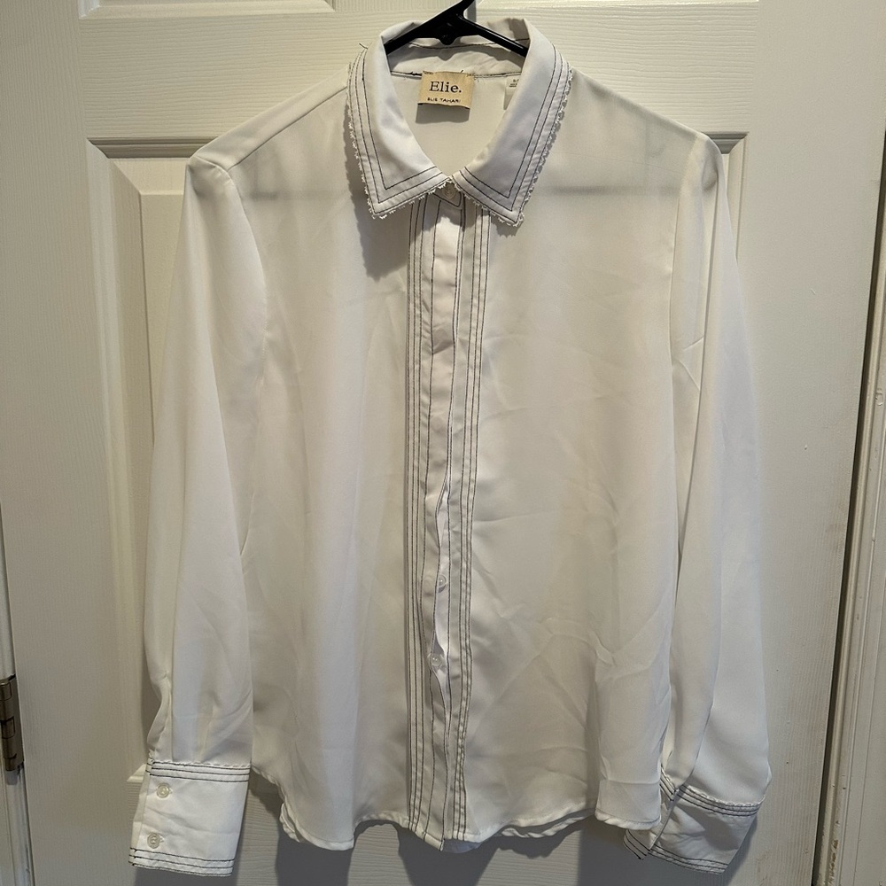 Elie Tahari Women’s White Dress Button Down Blouse Black Trim Small